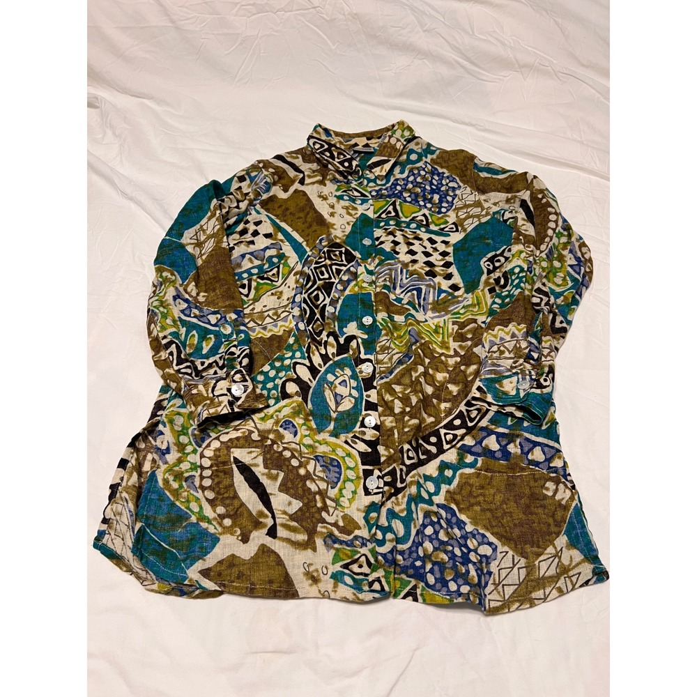 Chicos Womens Size 1 Linen Button Down Shirt Abstract Geometric Multi-Color